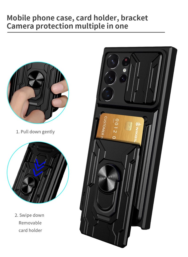 Samsung Galaxy S23 Ultra Mobile Phone Case Cover with Card Holder, Slide Camera Lens Cover, 360°Rotating Kickstand Ring, Bumper Shockproof Phone Case  - Image 4