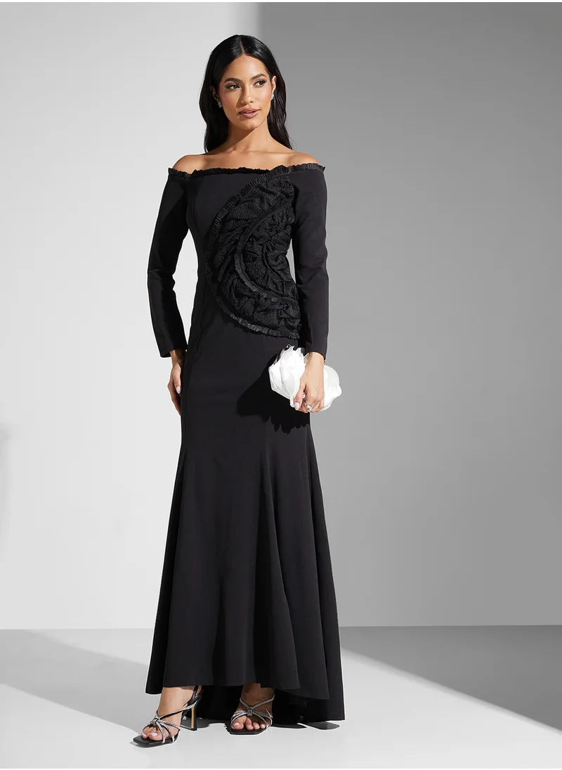 Namshi x Off Shoulder A Line Gown With Smocking Detail