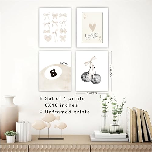 okaxscm Beige Coquette Trendy Preppy Wall Art Prints Set of 4, Coquette Room Decor, Preppy Room Decor Aesthetic, Beige Bow Disco 8 Ball Cherry Wall Decor Posters for Girls Bedroom Dorm, 8x10 Unframed - Image 3