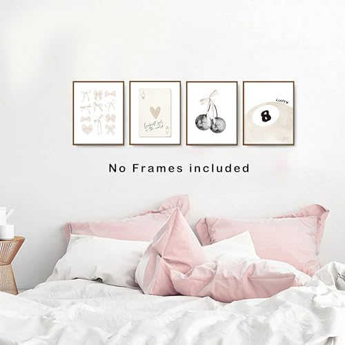 okaxscm Beige Coquette Trendy Preppy Wall Art Prints Set of 4, Coquette Room Decor, Preppy Room Decor Aesthetic, Beige Bow Disco 8 Ball Cherry Wall Decor Posters for Girls Bedroom Dorm, 8x10 Unframed - Image 4