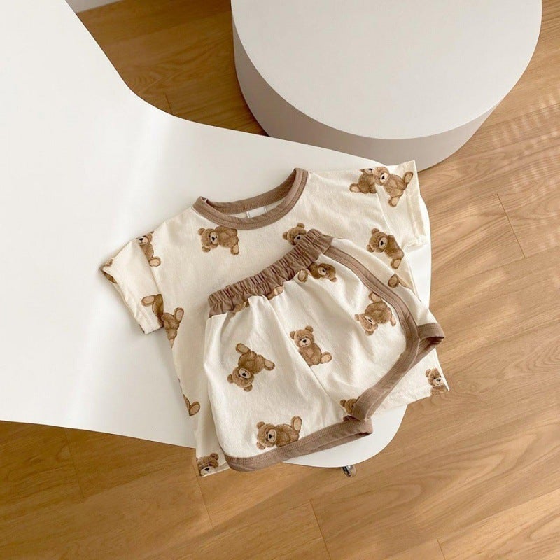 ins2024 Summer Korean Baby Cute Cartoon Bear Short-sleeved T-shirt Top Shorts for Boys and Girls Baby 2-piece Set Q50 m white suit