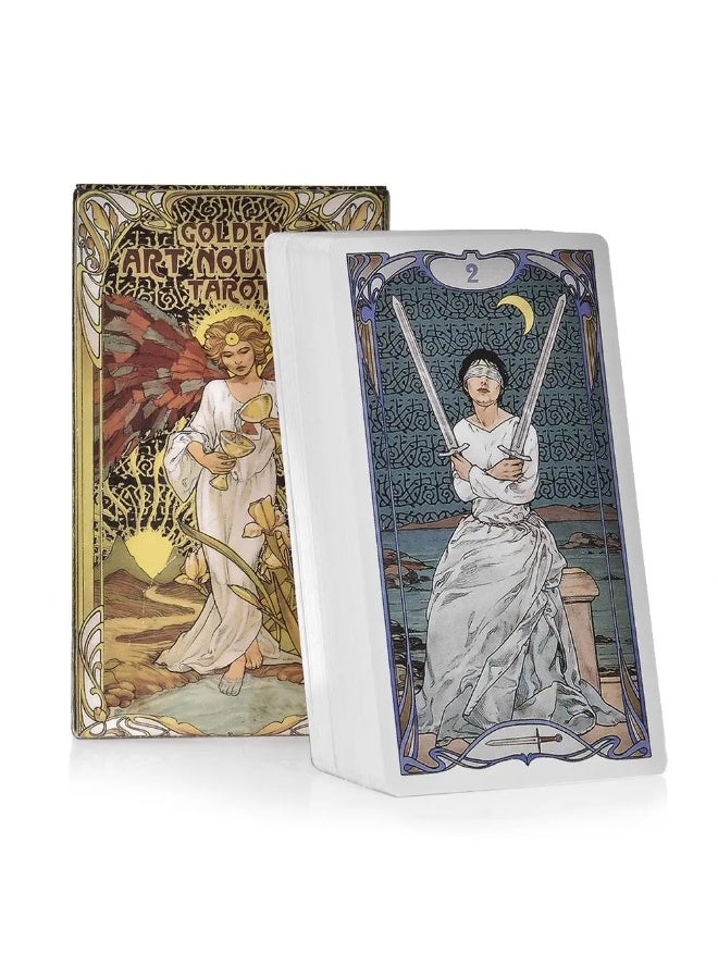 NIBEMINENT Gold Art Nouveau style Tarot cards - 78 decks bound volume - English PDF user guide - Party use - Game play - Destiny divination cards - Fixed board game - Image 1