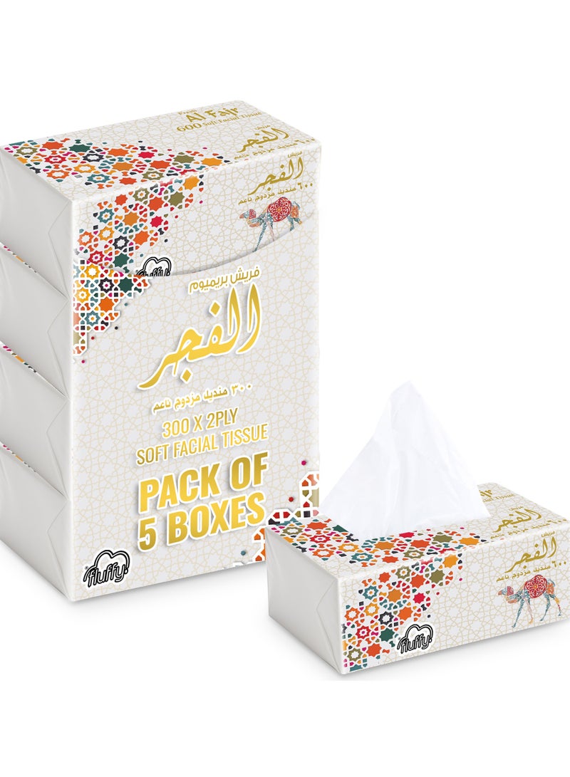 SNH Packing Al Fajr Fluffy Facial Tissue Pack of 5, 300 Sheets × 2 Ply Total 3000 Sheets (600 Sheets Per Pack) - Image 1