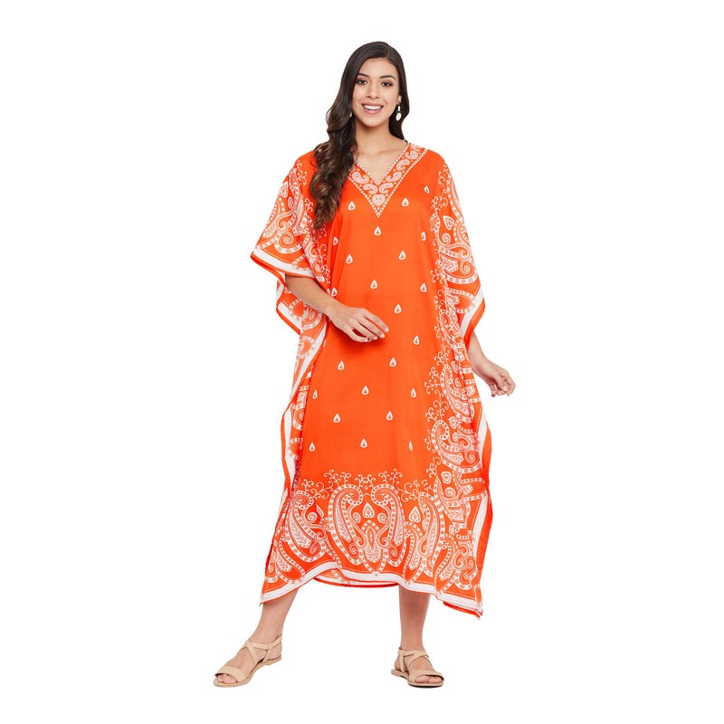 Oussum Paisley Print Kaftan for Women Polyester Caftan Dress Kimono Sleeve Plus Size Beach Maxi Dresses (Orange Paisley Kaftan) - Image 1