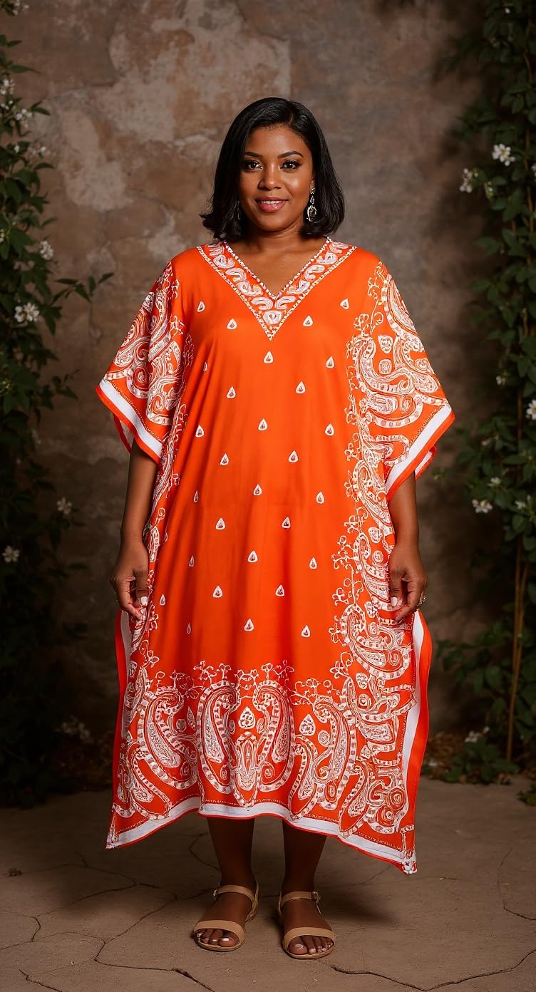 Oussum Paisley Print Kaftan for Women Polyester Caftan Dress Kimono Sleeve Plus Size Beach Maxi Dresses (Orange Paisley Kaftan) - Image 2