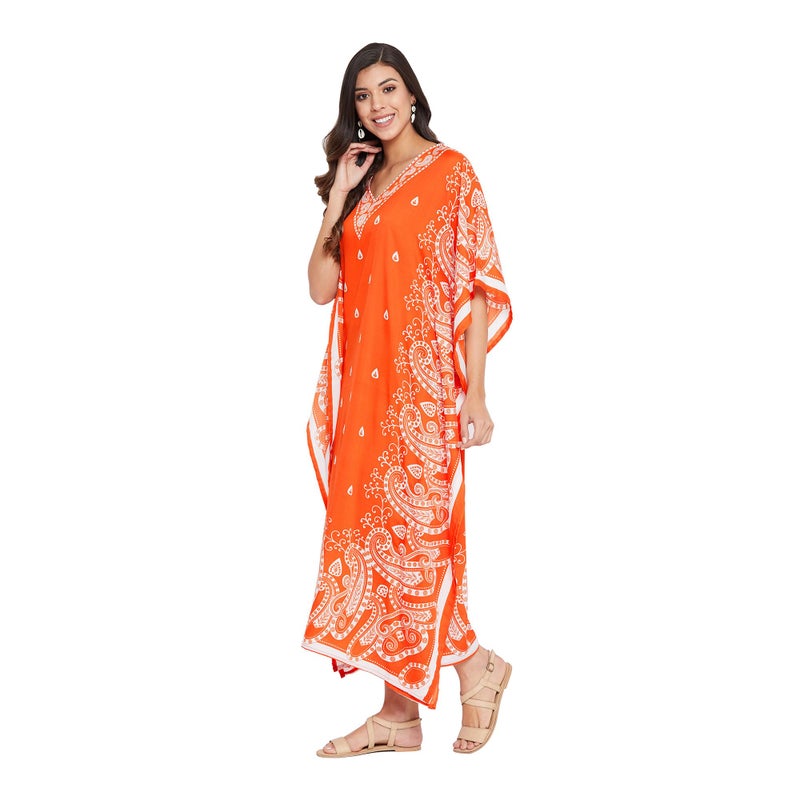Oussum Paisley Print Kaftan for Women Polyester Caftan Dress Kimono Sleeve Plus Size Beach Maxi Dresses (Orange Paisley Kaftan) - Image 4