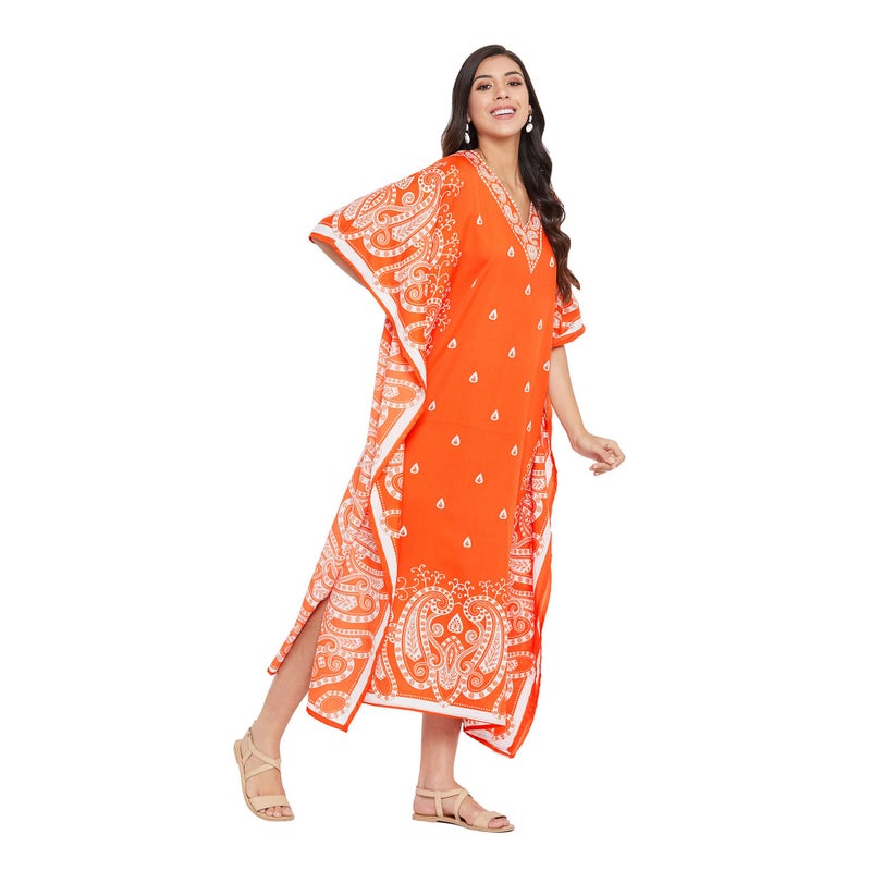 Oussum Paisley Print Kaftan for Women Polyester Caftan Dress Kimono Sleeve Plus Size Beach Maxi Dresses (Orange Paisley Kaftan) - Image 3