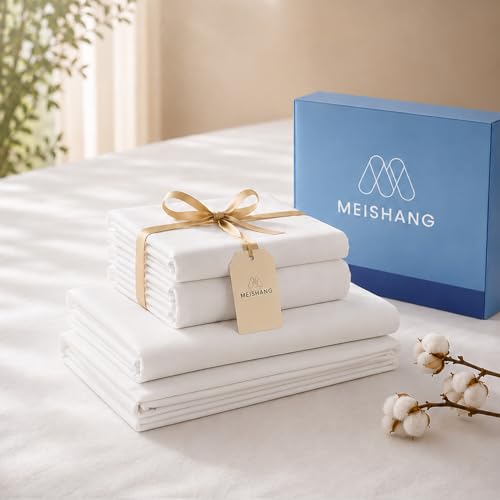 MEISHANG Egyptian Cotton Sheet Set Queen Size Soft Breathable Sateen Weave Durable OekoTex Certified 16 Deep Pockets 4 Piece Queen White - Image 1