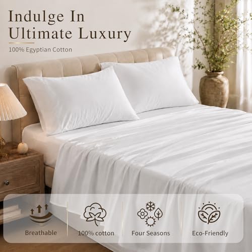 MEISHANG Egyptian Cotton Sheet Set Queen Size Soft Breathable Sateen Weave Durable OekoTex Certified 16 Deep Pockets 4 Piece Queen White - Image 3