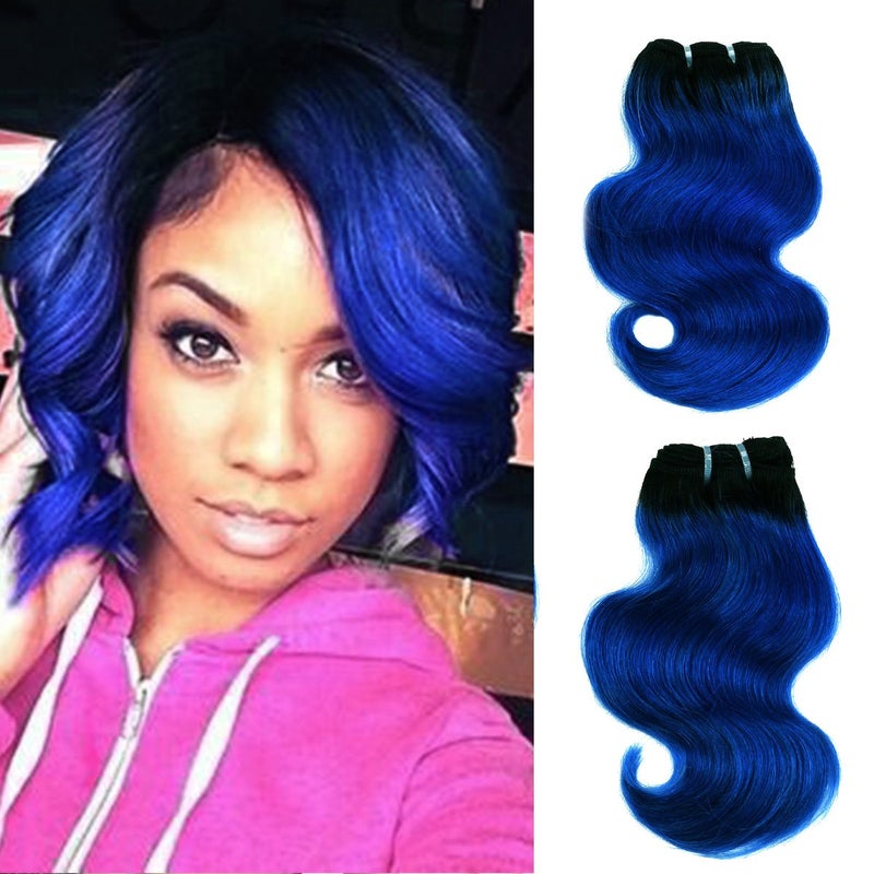 FASHION LINE 8" Human Hair Bundles Ombre Two Tone Brazilian Virgin Hair Extensions Body Wave 50g Bundles (8/8/8/8 Inch, 1b/blue) - Image 1