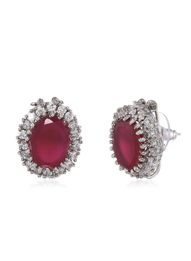Estele Brass Rhodium Plated American Diamond Cz Ruby Halo Stud Earrings For Girls - Image 1