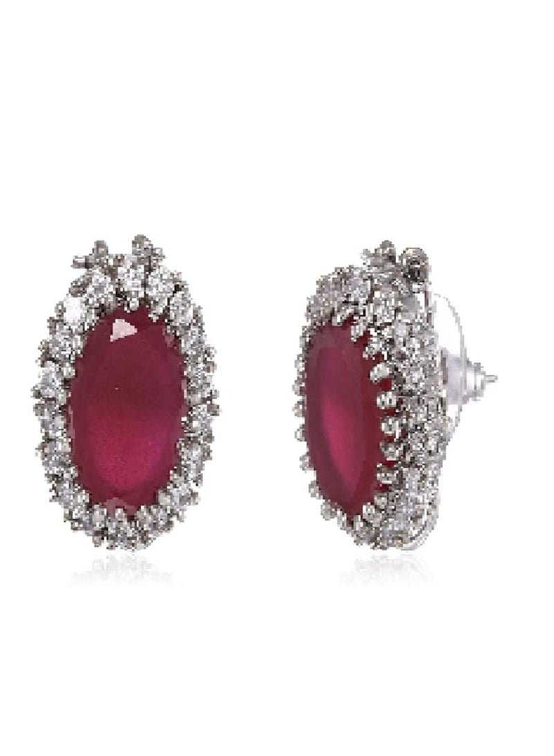 Estele Brass Rhodium Plated American Diamond Cz Ruby Halo Stud Earrings For Girls - Image 2
