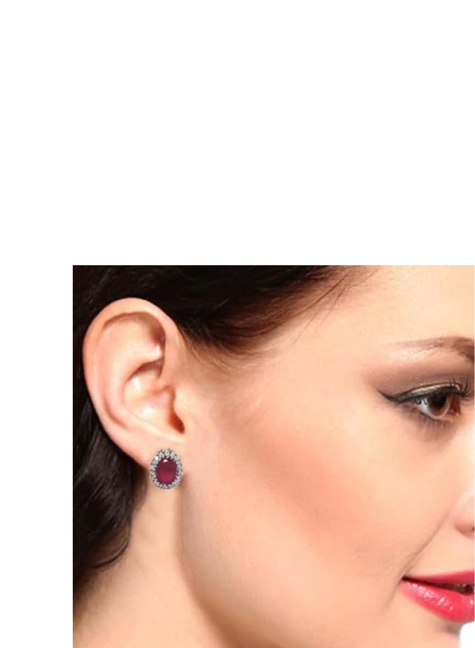 Estele Brass Rhodium Plated American Diamond Cz Ruby Halo Stud Earrings For Girls - Image 3