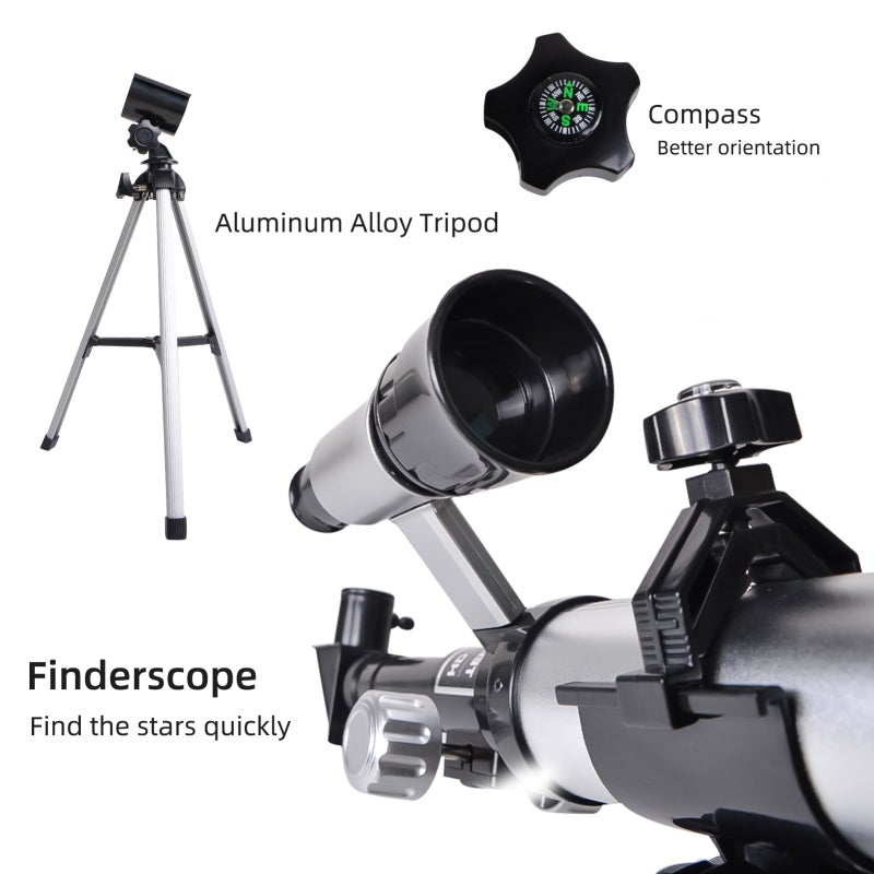 Refractor Telescope: 50mm Aperture 60x Magnification Silver - 100mm Wide-angle HD Eyepiece Multi-layer Coated Optics for Kids Beginner Astronomers Outdoor Astronomy Observation - Image 4