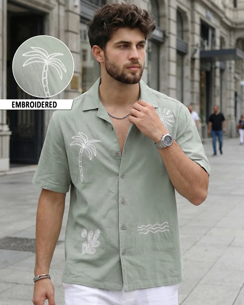 بيواكوف Men's Tea Green Embroidered Oversized Shirt