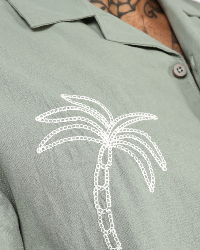 بيواكوف Men's Tea Green Embroidered Oversized Shirt