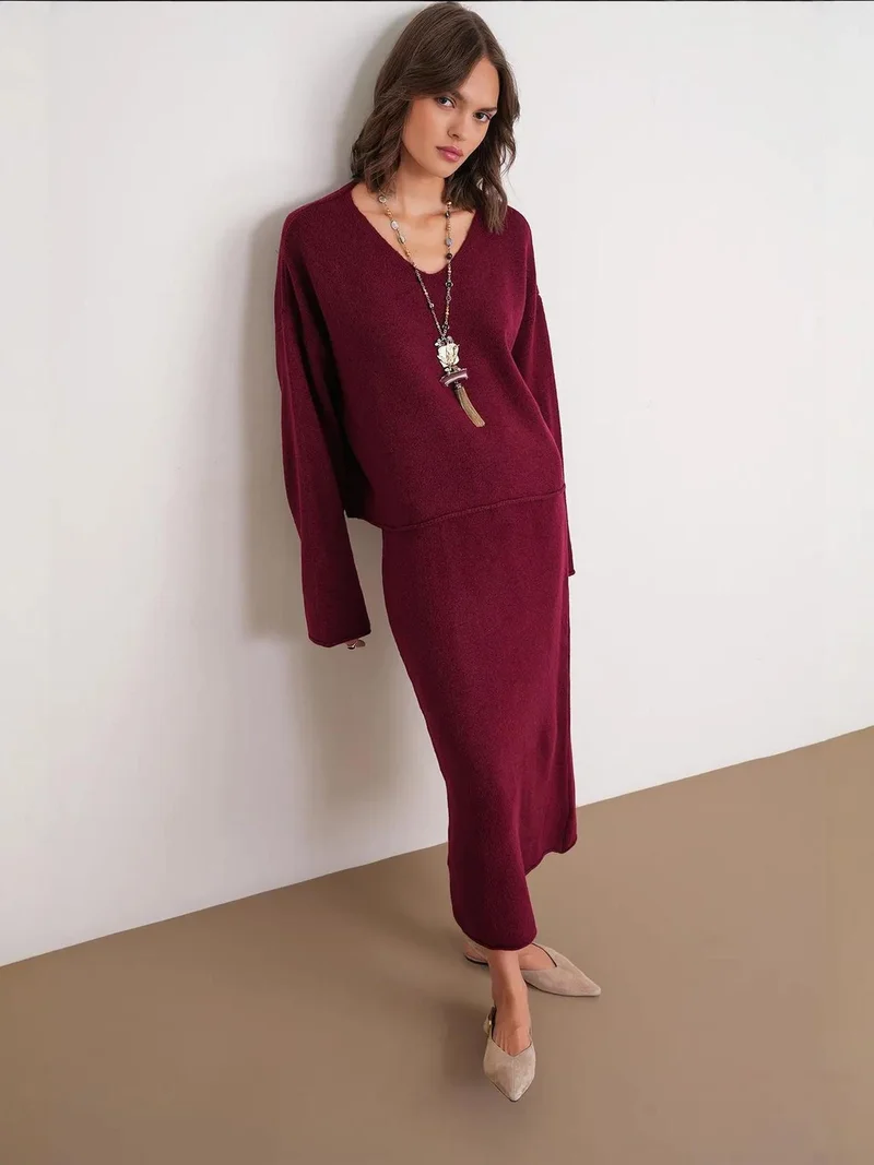 MixRay Burgundy Red Mixray V-neck Knitwear Sweater & Skirt Co-ord Set for Women | Best Price UAE