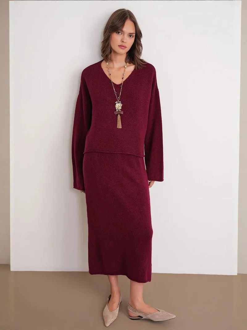 MixRay Burgundy Red Mixray V-neck Knitwear Sweater & Skirt Co-ord Set for Women | Best Price UAE
