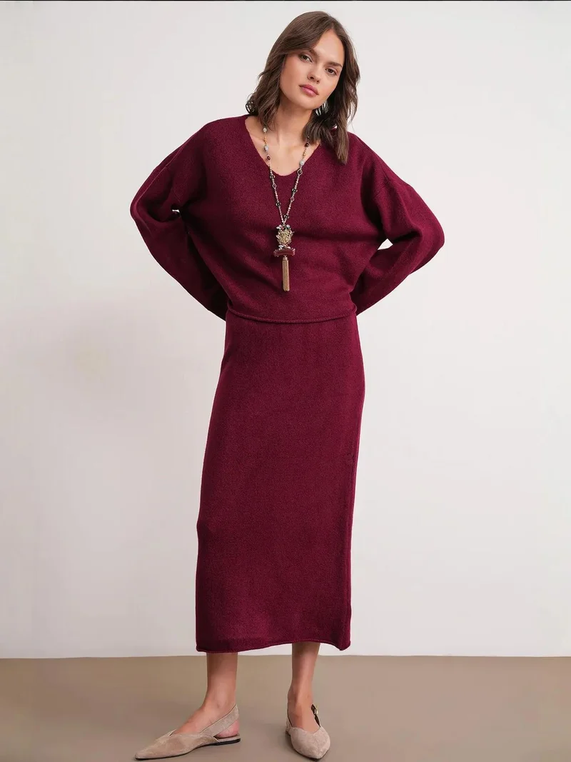 MixRay Burgundy Red Mixray V-neck Knitwear Sweater & Skirt Co-ord Set for Women | Best Price UAE