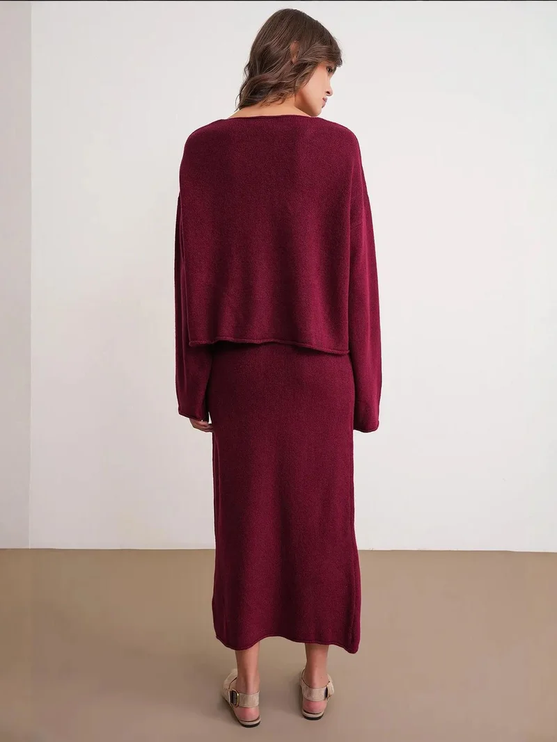 MixRay Burgundy Red Mixray V-neck Knitwear Sweater & Skirt Co-ord Set for Women | Best Price UAE