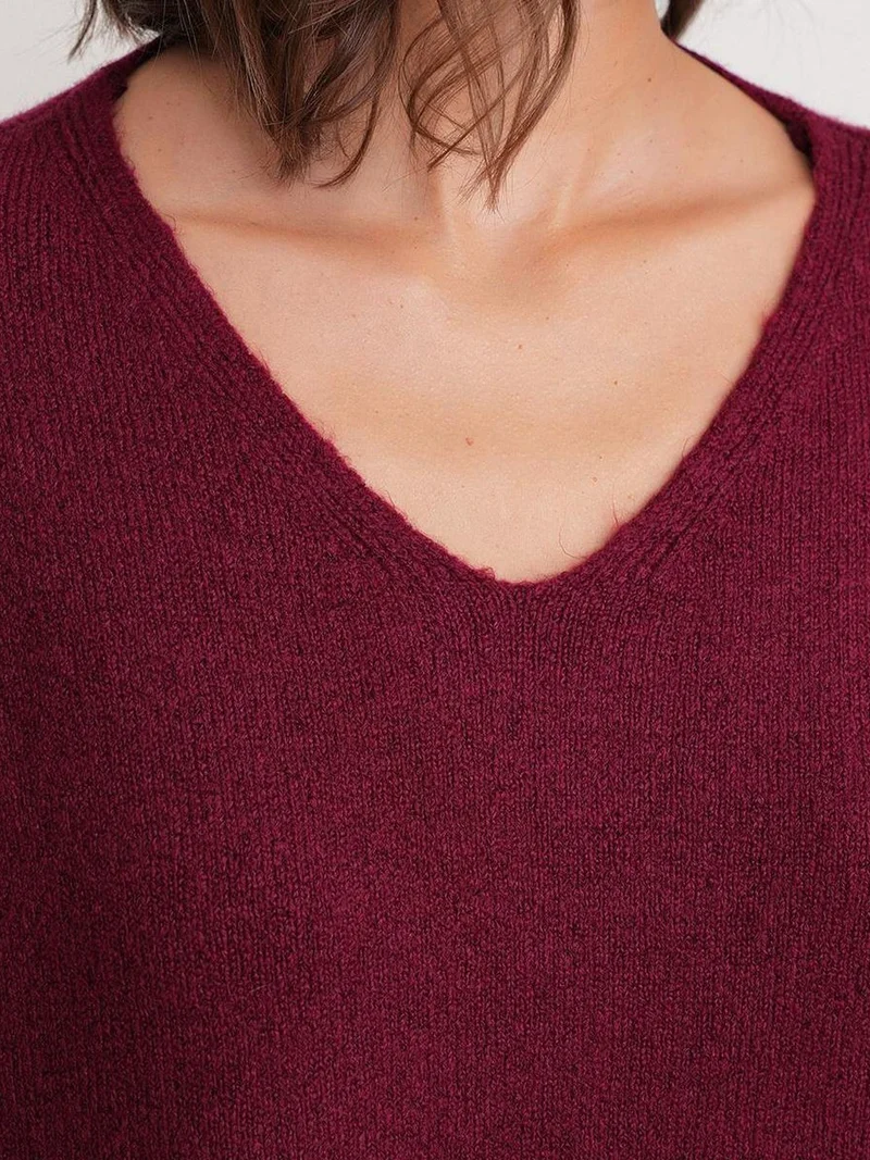 MixRay Burgundy Red Mixray V-neck Knitwear Sweater & Skirt Co-ord Set for Women | Best Price UAE