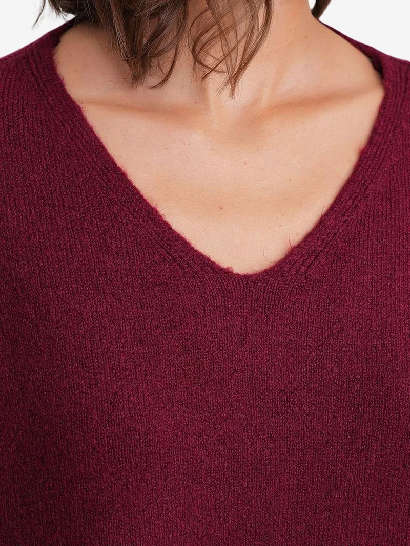 Mixray Burgundy Red Mixray V-neck Knitwear Sweater & Skirt Co-ord Set for Women | Best Price UAE