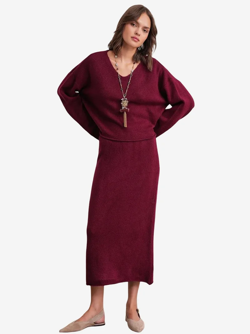 Mixray Burgundy Red Mixray V-neck Knitwear Sweater & Skirt Co-ord Set for Women | Best Price UAE