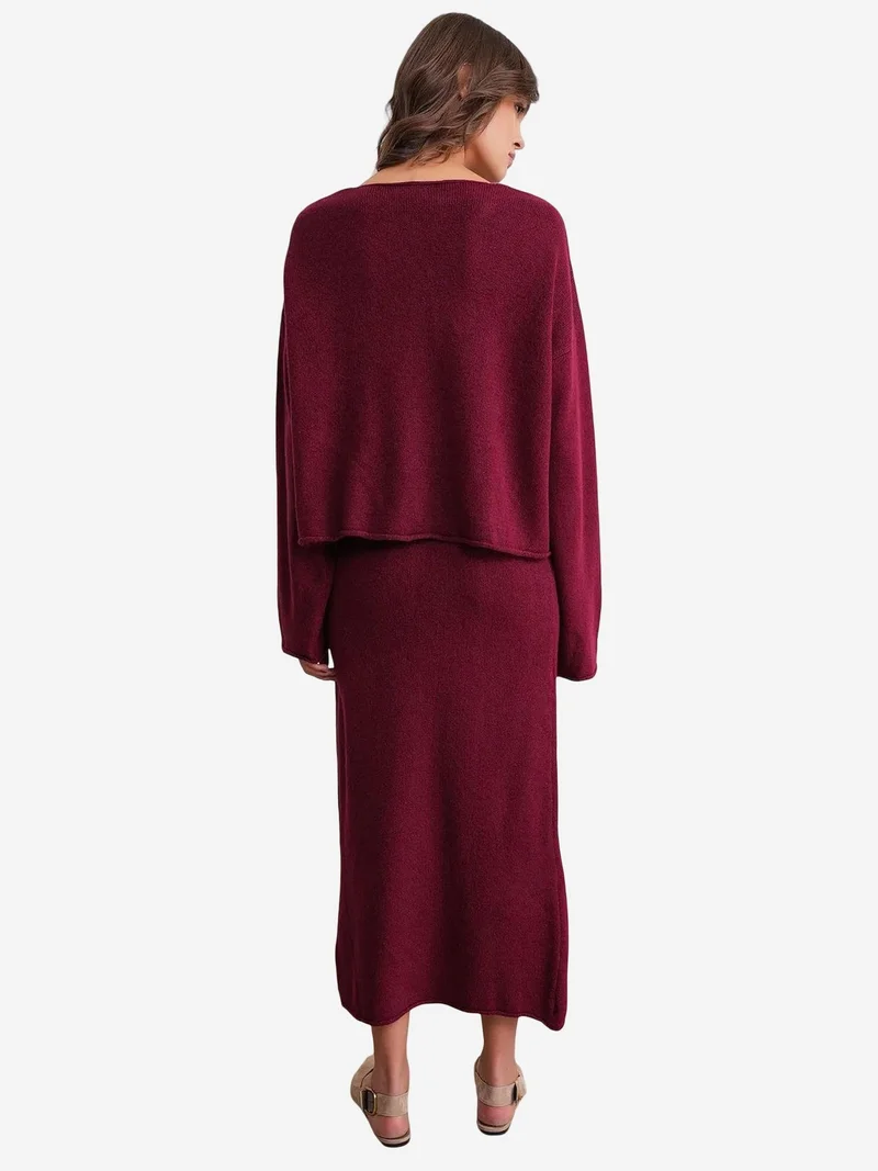 Mixray Burgundy Red Mixray V-neck Knitwear Sweater & Skirt Co-ord Set for Women | Best Price UAE