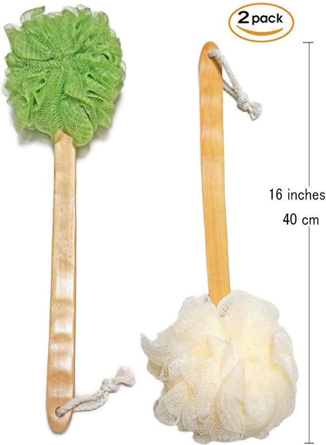 JINS-Hung Shower Loofah Body & Back Scrubber - Exfoliating Loofah Bath Brush On a Stick - with Long Wooden Handle Back Brush for Men & Women - Easy Reach Body Wash & Lotion Applicator（ 2 Pack- White&Green） - Image 2