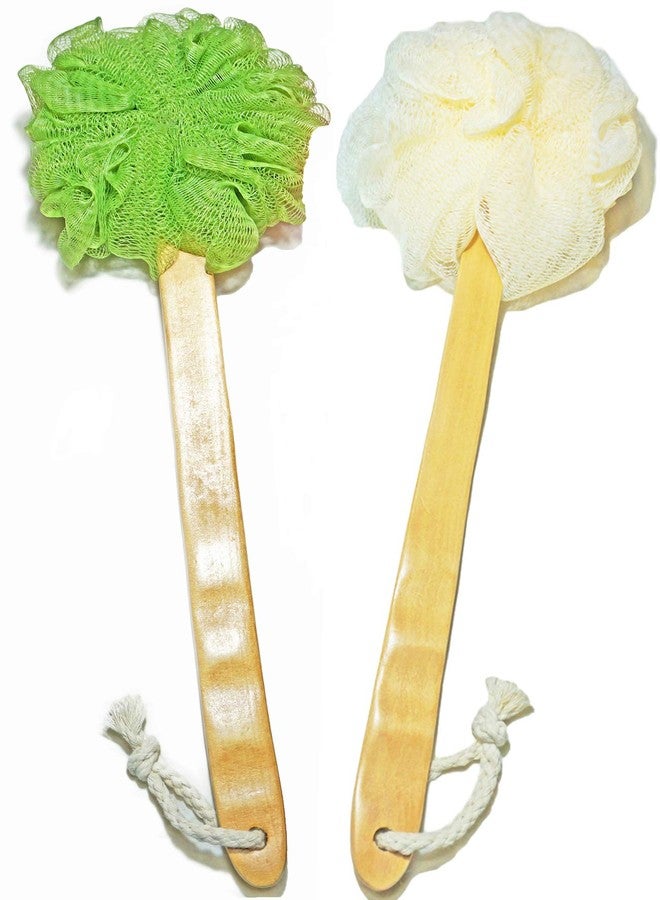 JINS-Hung Shower Loofah Body & Back Scrubber - Exfoliating Loofah Bath Brush On a Stick - with Long Wooden Handle Back Brush for Men & Women - Easy Reach Body Wash & Lotion Applicator（ 2 Pack- White&Green） - Image 1