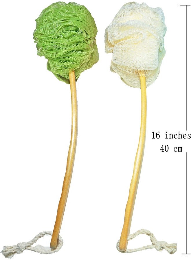 JINS-Hung Shower Loofah Body & Back Scrubber - Exfoliating Loofah Bath Brush On a Stick - with Long Wooden Handle Back Brush for Men & Women - Easy Reach Body Wash & Lotion Applicator（ 2 Pack- White&Green） - Image 3