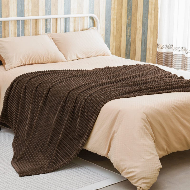 Bnuitland Bnuitland Brown Flannel Throw with Storage Pouch 300GSM Super Soft Fleece Stripe Pattern Sofa Blanket for Babys and Kids  Lightweight Cozy Bed Throw for Home Decor All Season  - Image 5