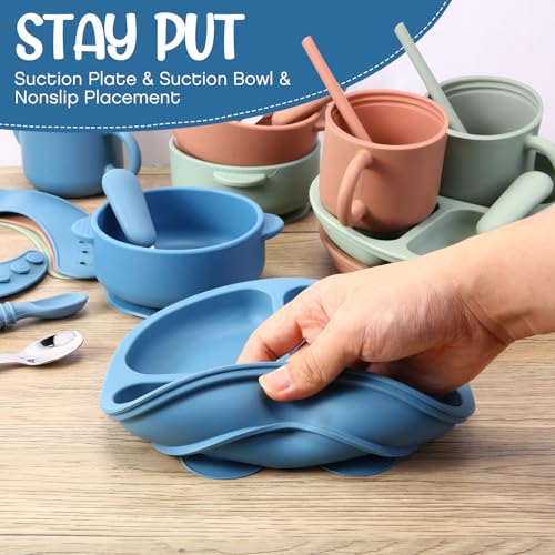 Yinder 24 Pack Silicone Baby Feeding Set Baby LED Weaning Supplies Includes Suction Divided Plates Soft Bowl Spoons Forks Adjustable Bib Snack Cup and Straws(Dark Green, Dark Blue, Walnut Color) - Image 4