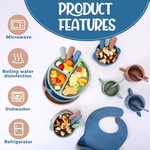 Yinder 24 Pack Silicone Baby Feeding Set Baby LED Weaning Supplies Includes Suction Divided Plates Soft Bowl Spoons Forks Adjustable Bib Snack Cup and Straws(Dark Green, Dark Blue, Walnut Color) - Image 5