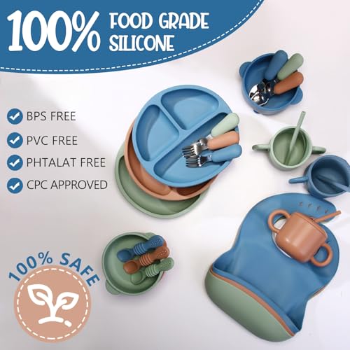 Yinder 24 Pack Silicone Baby Feeding Set Baby LED Weaning Supplies Includes Suction Divided Plates Soft Bowl Spoons Forks Adjustable Bib Snack Cup and Straws(Dark Green, Dark Blue, Walnut Color) - Image 2