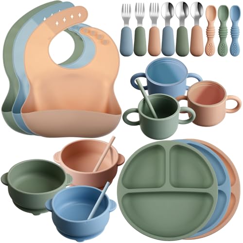 Yinder 24 Pack Silicone Baby Feeding Set Baby LED Weaning Supplies Includes Suction Divided Plates Soft Bowl Spoons Forks Adjustable Bib Snack Cup and Straws(Dark Green, Dark Blue, Walnut Color) - Image 1