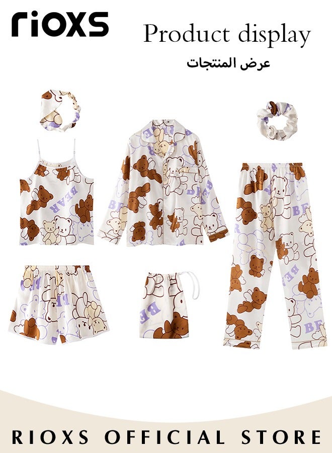 RIOXS Women's 7 Pcs Satin Pajamas Set Lightweight Cute Cartoon Printed Pajamas Soft Silk Button Down Sleepwear Classic Loungewear Nightwear Pajamas Set  - Image 5