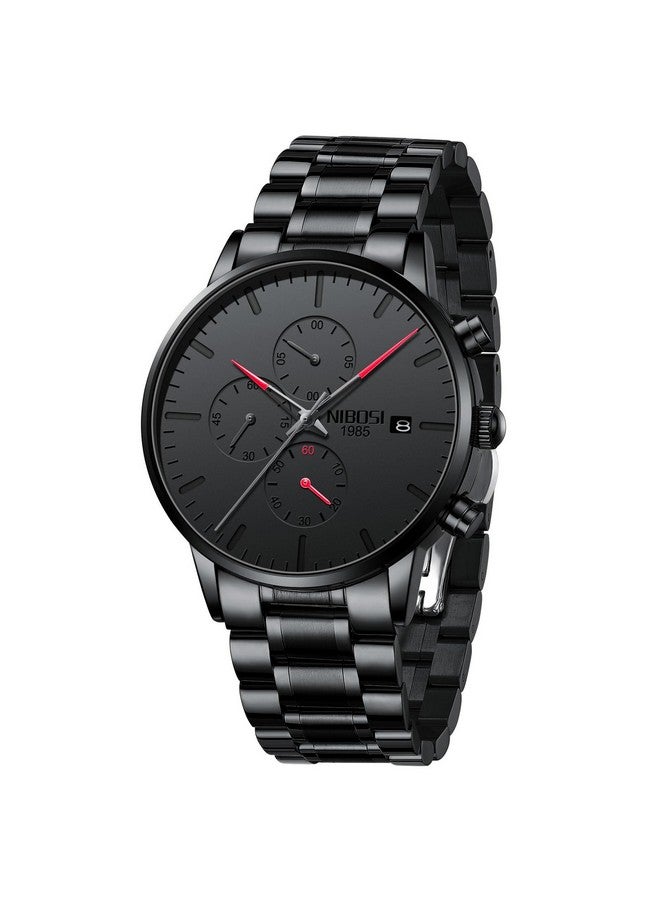 NIBOSI Orologio Uomo Analogico Minimalista - Quadrante Nero, Cronografo Al Quarzo, Cinturino In Acciaio Inox Nero, Regalo Con Kit Regolazione