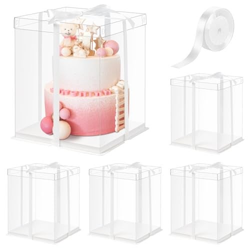 Ocmoiy 10x10x12Inch Clear Cake Box, 5 Pcs Tall Cake Boxes with Ribbon, Treat Transport Boxes for Wedding, Birthday, Party - Image 1
