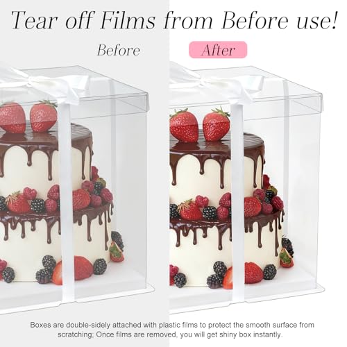 Ocmoiy 10x10x12Inch Clear Cake Box, 5 Pcs Tall Cake Boxes with Ribbon, Treat Transport Boxes for Wedding, Birthday, Party - Image 4