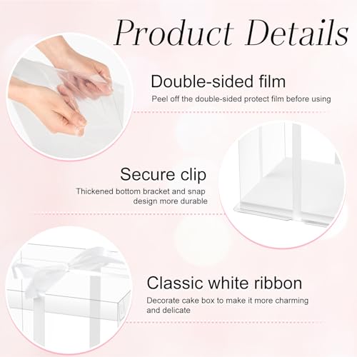 Ocmoiy 10x10x12Inch Clear Cake Box, 5 Pcs Tall Cake Boxes with Ribbon, Treat Transport Boxes for Wedding, Birthday, Party - Image 3