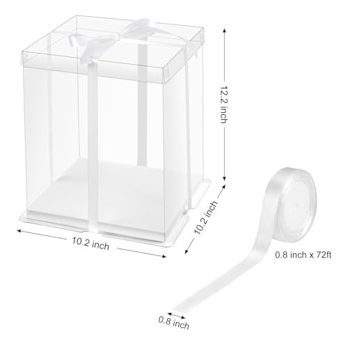 Ocmoiy 10x10x12Inch Clear Cake Box, 5 Pcs Tall Cake Boxes with Ribbon, Treat Transport Boxes for Wedding, Birthday, Party - Image 2