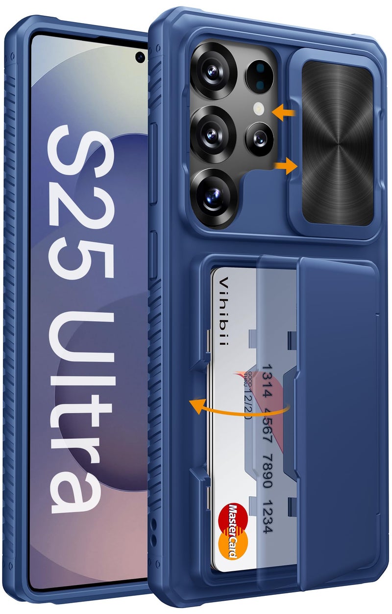 Vihibii for Samsung Galaxy S25 Ultra Case with Card Holder (4 Cards), [RFID Blocking] & Slide Camera Cover & Raised Edge Protect Screen, Shockproof Rugged Case for Samsung Galaxy S25 Ultra, Blue - Image 1
