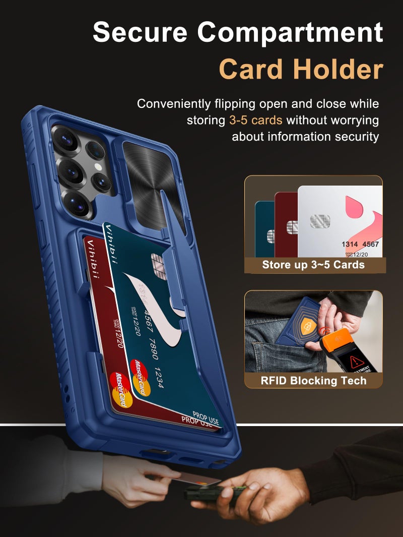 Vihibii for Samsung Galaxy S25 Ultra Case with Card Holder (4 Cards), [RFID Blocking] & Slide Camera Cover & Raised Edge Protect Screen, Shockproof Rugged Case for Samsung Galaxy S25 Ultra, Blue - Image 3