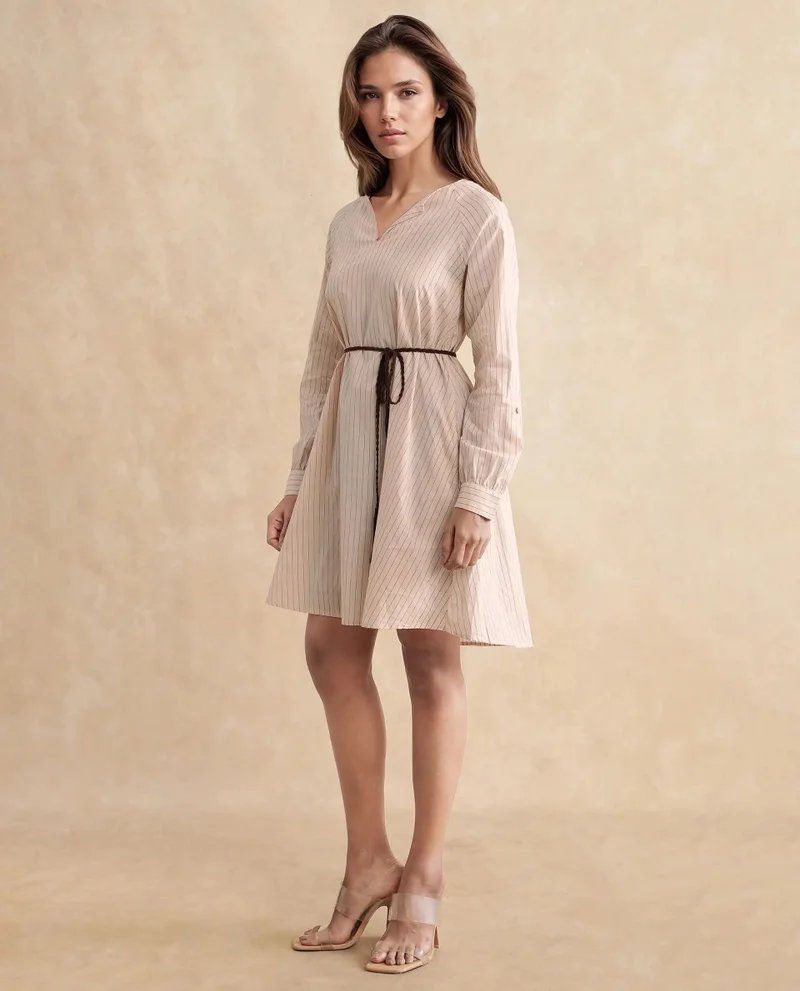 Rareism Rareism Women's Margaret Beige  V-Neck Slip-On Closure Full Sleeve Striped A-Line Mini Dress