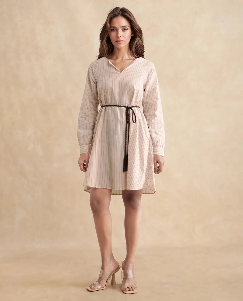 Rareism Rareism Women's Margaret Beige  V-Neck Slip-On Closure Full Sleeve Striped A-Line Mini Dress