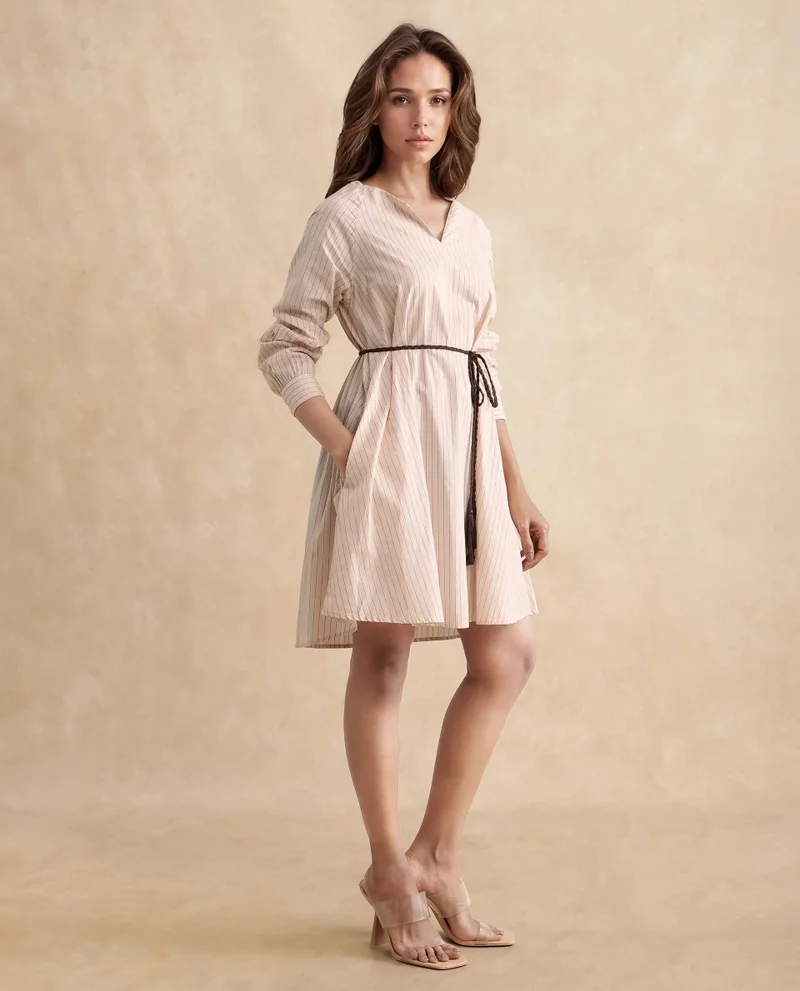 Rareism Rareism Women's Margaret Beige  V-Neck Slip-On Closure Full Sleeve Striped A-Line Mini Dress
