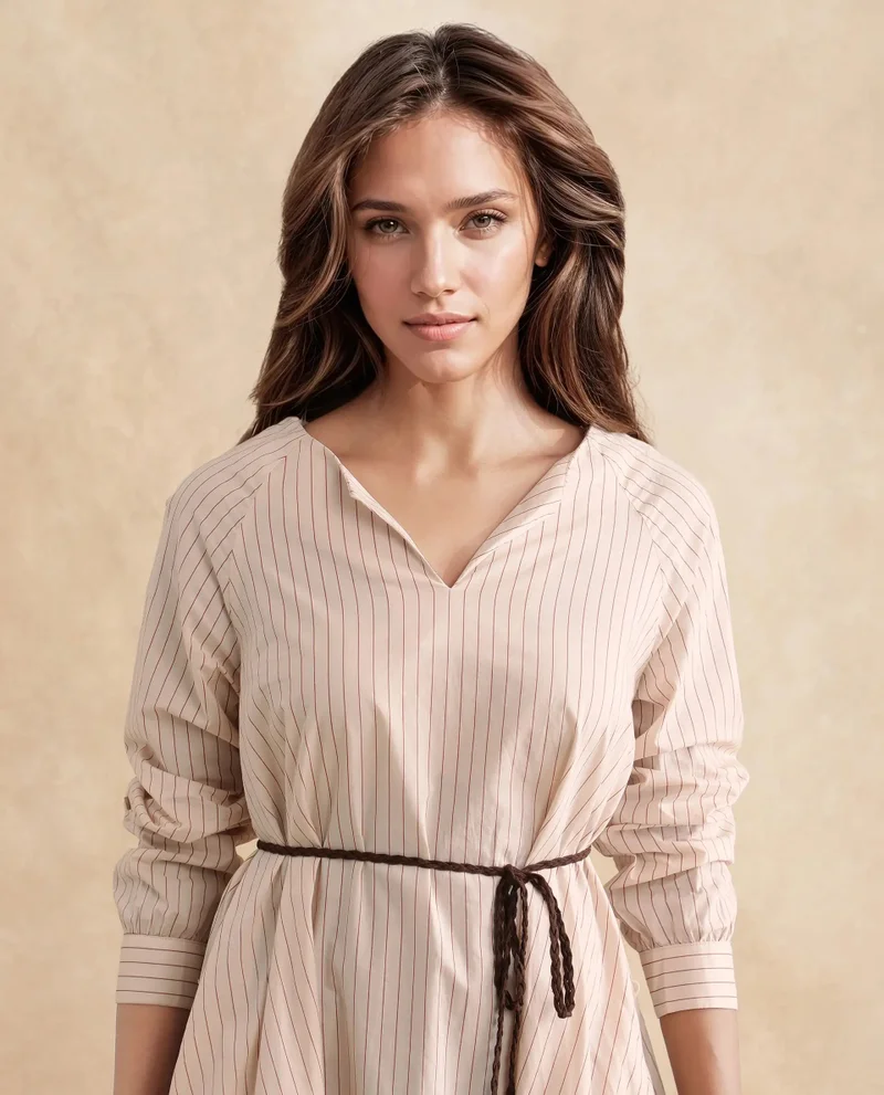 Rareism Rareism Women's Margaret Beige  V-Neck Slip-On Closure Full Sleeve Striped A-Line Mini Dress
