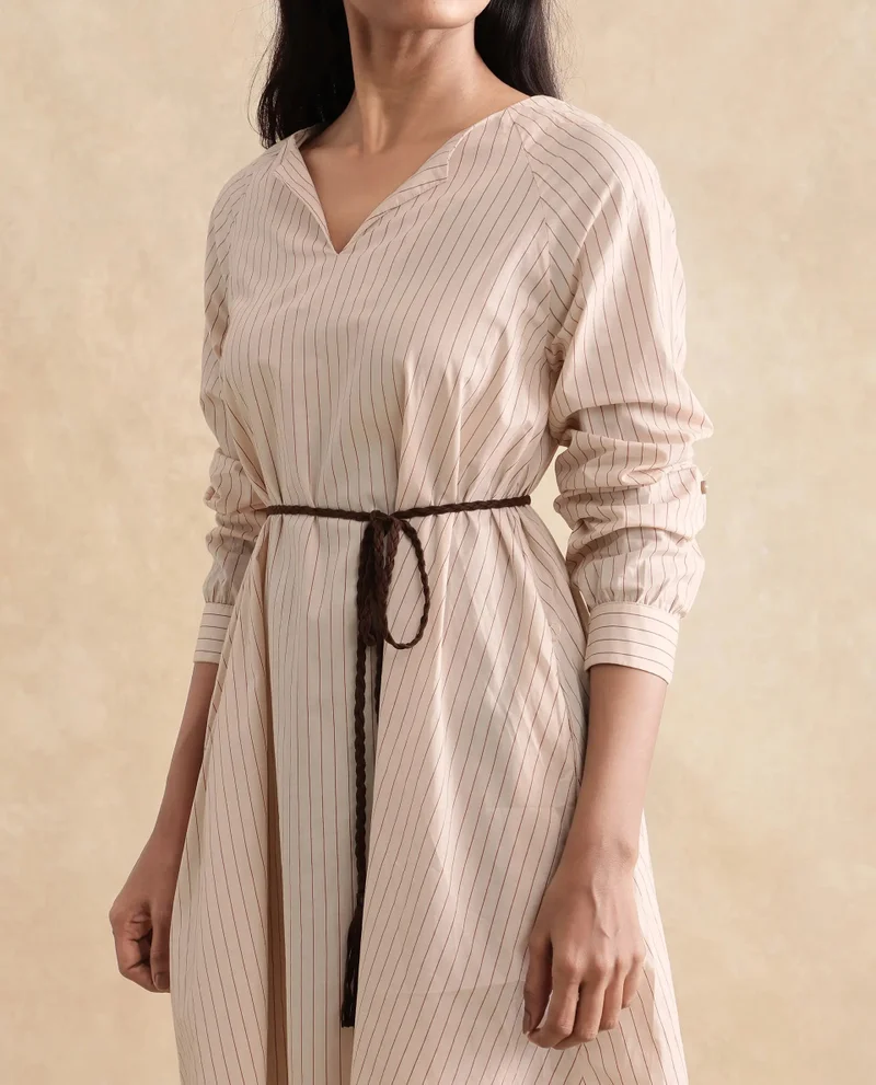 Rareism Rareism Women's Margaret Beige  V-Neck Slip-On Closure Full Sleeve Striped A-Line Mini Dress