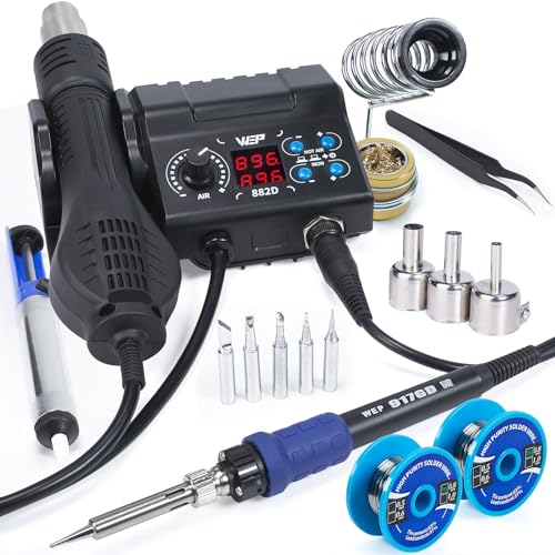 WEP 882D Soldering Iron Station 2-IN-1 SMD Hot Air Rework Station with 2 Spools of Solder Wire, 5 Soldering Tips, 3 Hot Air Nozzles, Brass Wool Tip Cleaner, Tweezers, Desoldering pump - Image 1